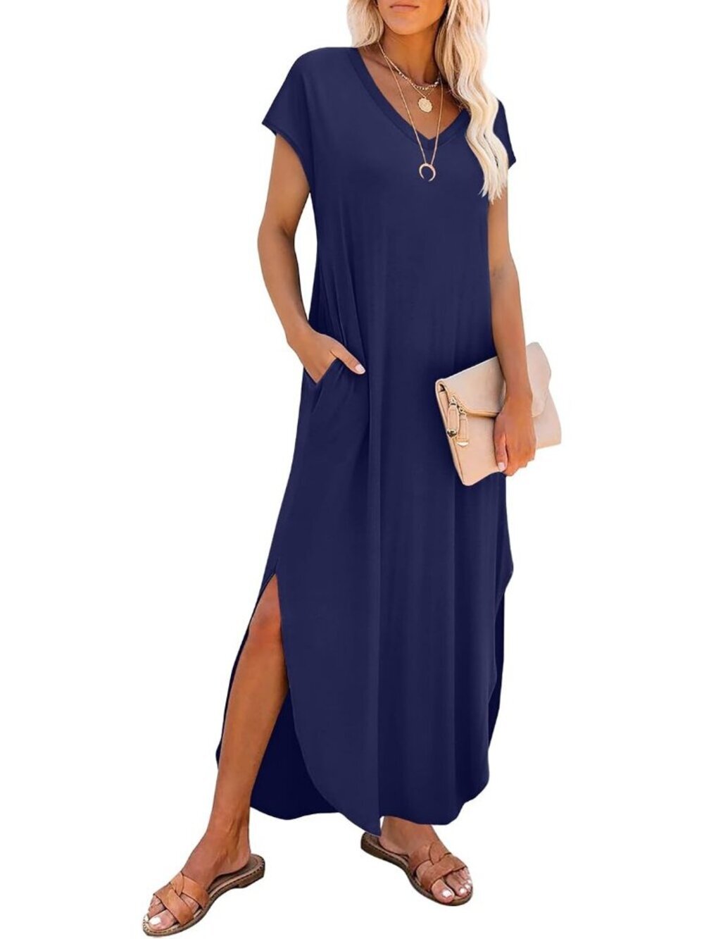 Women's Navy Short Sleeve Halter Neck High Waist Backless Maxi Dress